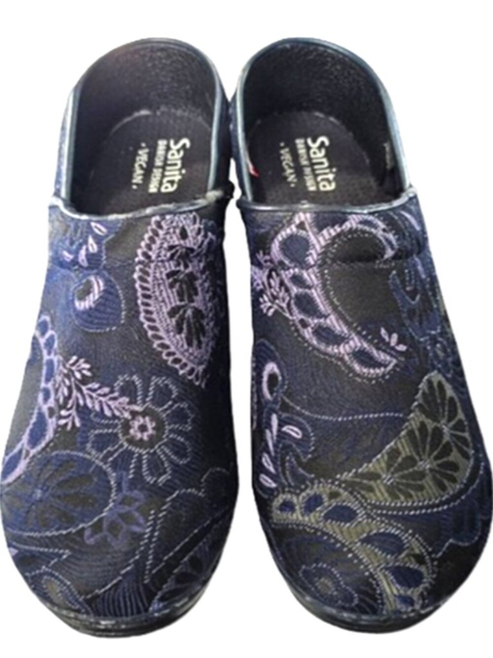 Sanita Womens Size 37, US 6.5 Black and Navy Blue Paisley Tapestry Brocade Clogs